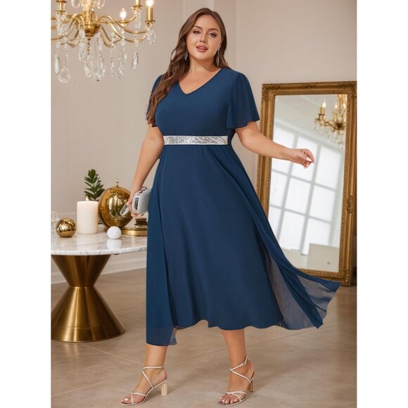 Women Plus Size Chiffon Formal Evening Gown with Sequins V-Neck 5X - Picture 3 of 9